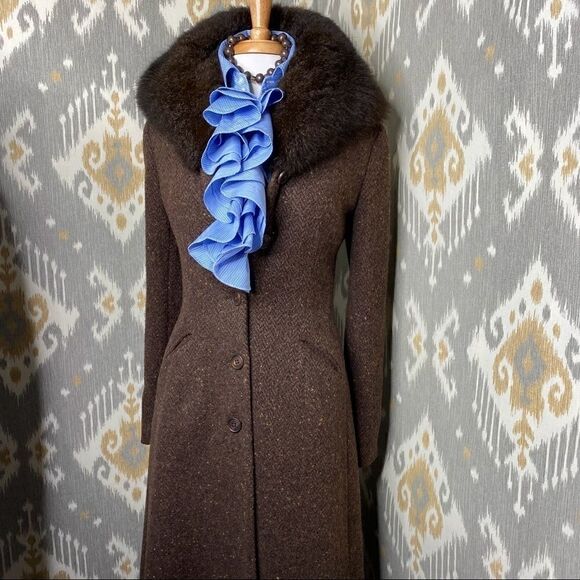 Ralph Lauren Cocoa Brown Lamb Tweed & Opossum Collar Full Length Coat - Picture 1 of 16